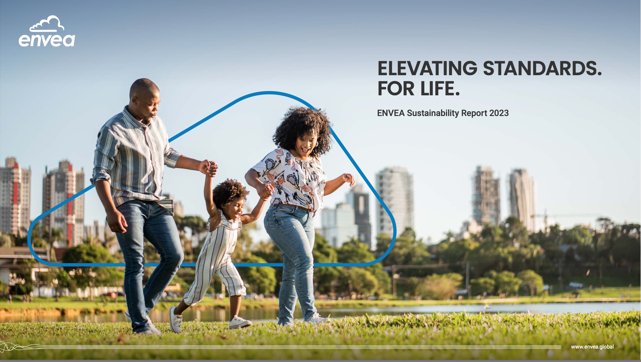 Cover of ENVEA's Sustainability Report 2023, featuring a family enjoying a sunny day in a park with a city skyline in the background. The title 'Elevating Standards. For Life.' reflects ENVEA's commitment to sustainability and environmental stewardship. The design emphasises a balance between urban living and nature.